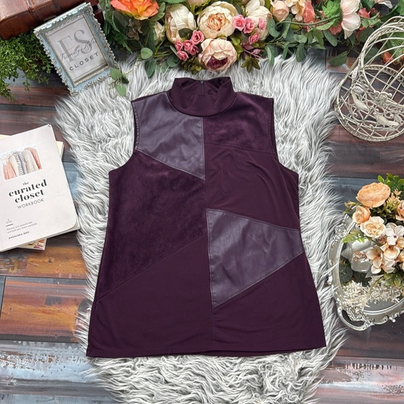 Calvin Klein Aubergine Purple Faux Leather Patchwork Geometric Tank Top Shirt, L - Picture 1 of 11